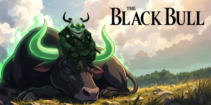 The image features a small white bull with glowing green horns and eyes sitting atop a massive, sleeping black bull, with the text "The Black Bull" in the upper right corner. This visually represents the "sleeping giant" referenced in the post about $ANSEM, suggesting the token (symbolized by the small bull) is waiting for a larger awakening or breakout.