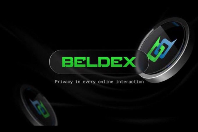 A BELDEX branded image with the tagline 'Privacy in every online interaction,' featuring the Beldex green and blue logo with metallic coin designs on a dark background.