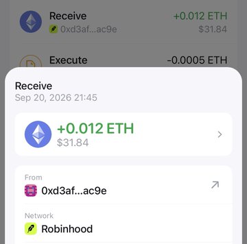 A screenshot of a cryptocurrency transaction showing a "Receive" of +0.012 ETH (valued at $31.84) on the Robinhood network from the address 0xd3af...ac9e, recorded on Sep 20, 2026 at 21:45. The image supports the post's claim about earning money through Robinhood transactions, though the visible amount ($31.84) is less than the $60 mentioned.
