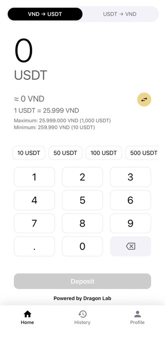 A mobile cryptocurrency exchange interface powered by Dragon Lab for swapping Vietnamese Dong (VND) to USDT, showing current exchange rates and quick-buy buttons for various USDT amounts.