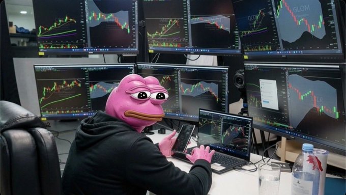A meme-style photo of a person wearing a pink Pepe the Frog mask sitting at a desk with multiple monitors displaying stock/crypto charts, holding a smartphone, with a bottle of water nearby.