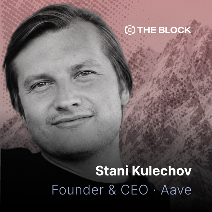 A promotional graphic for "The Block" featuring a black-and-white portrait of Stani Kulechov, Founder & CEO of Aave, set against a pink and mountain-patterned background. The image relates to The Block's "Starting Block Live" broadcast from New York, where Kulechov is scheduled to speak during the 11am morning session.