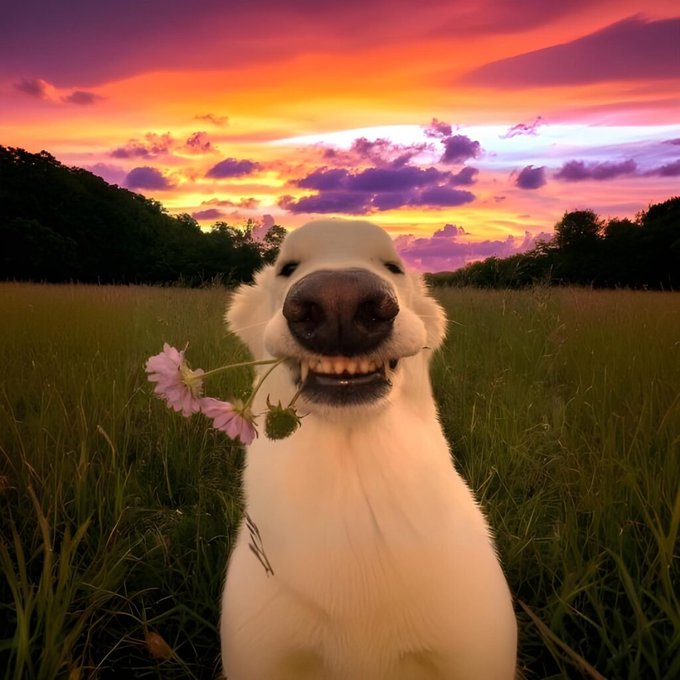 A smiling white dog poses in a grassy field at sunset with a small pink flower in its mouth, radiating happy Sunday morning vibes to the familia.