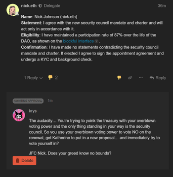 A Discord screenshot shows "Delegate" nick.eth proposing a statement agreeing to a new security council mandate and charter, noting his 87% DAO participation rate and a KYC requirement for signers, while "Assistant Steward" krys criticizes the audacious proposal for "yorking the treasury," refusing to use their voting power for it, and pledging to propose removing "Katherine." The exchange reflects the "How it started vs how it's going" theme by contrasting a member's polished, credential-backed governance statement with another member's blunt, combative rejection—capturing ENS DAO's fractured and increasingly hostile delegate dynamics.