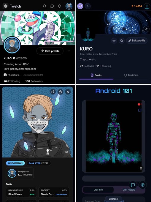 Screenshots showing a Twitter/Twitch profile for 'KURO' (@128019), a 'Crypto Artist' creating on BSV, alongside an NFT marketplace listing for 'Android 101' by 3ordi.io and a character NFT with traits like 'Blue Waves' background.