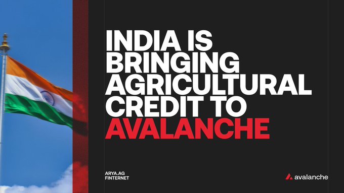 A graphic with the Indian flag on the left and bold white and red text on black reading "INDIA IS BRINGING AGRICULTURAL CREDIT TO AVALANCHE," credited to Arya.ag on Finternet.
