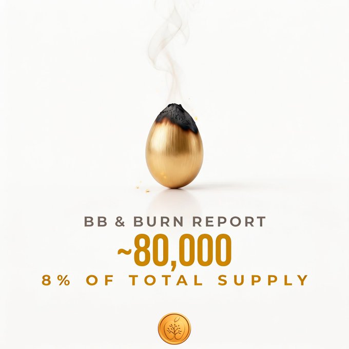A 'BB & BURN REPORT' graphic featuring a burning gold egg, announcing ~80,000 tokens burned (8% of total supply), with a gold coin logo at the bottom.