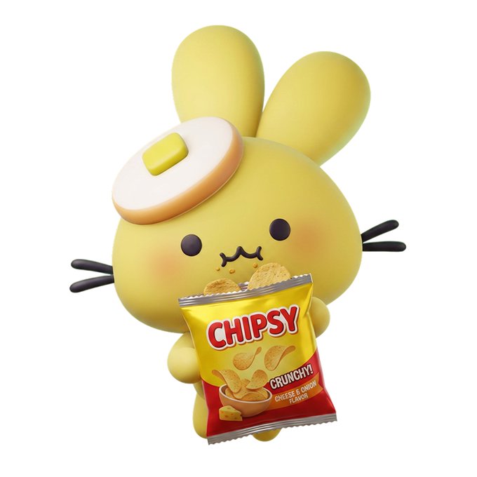 A cute yellow bunny mascot with a pancake on its head holds a bag of "CHIPSY" Crunchy Cheese & Onion flavored chips. This aligns with the "Mystery Stock" hint, suggesting a company that makes non-potato snacks (likely corn or similar) while being headquartered in a potato-centric region.