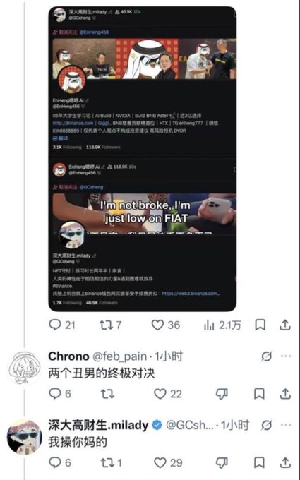 A Twitter/X thread featuring screenshots from accounts @Goheng456 and @Goheng about Bitcoin and Nvidia, with replies in Chinese including '两个丑男的终极对决' (Ultimate showdown between two ugly men) and '我操你妈的' (profanity).