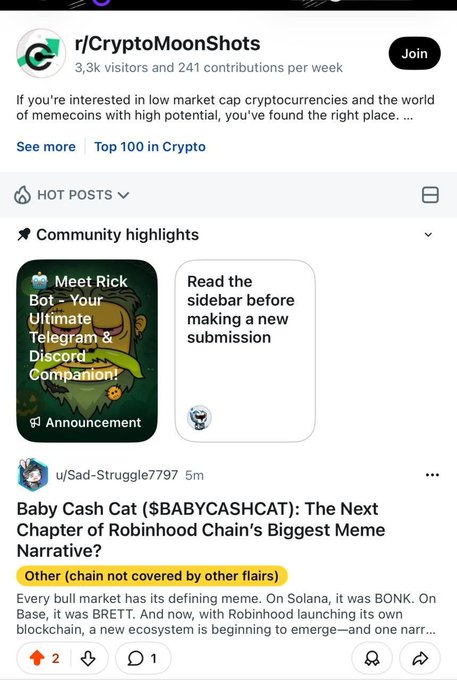 A mobile screenshot of the r/CryptoMoonShots subreddit featuring a 'HOT POSTS' section and a pinned post titled 'Baby Cash Cat ($BABYCASHCAT): The Next Chapter of Robinhood Chain's Biggest Meme Narrative?'