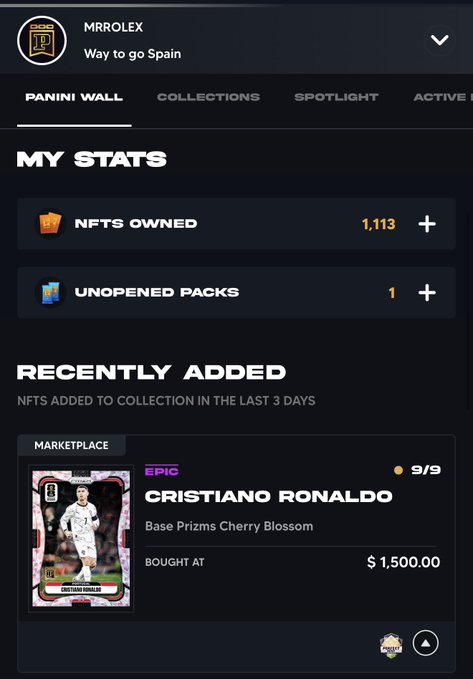 A user profile for "MRROLEX" displays their Panini NFT collection stats, including 1,113 NFTs owned and 1 unopened pack, with a recently acquired Epic Cristiano Ronaldo "Base Prizms Cherry Blossom" card (numbered 9/9) purchased for $1,500, highlighting the collector's milestone of surpassing 1,000 cards and the notable Ronaldo acquisition referenced in the post.