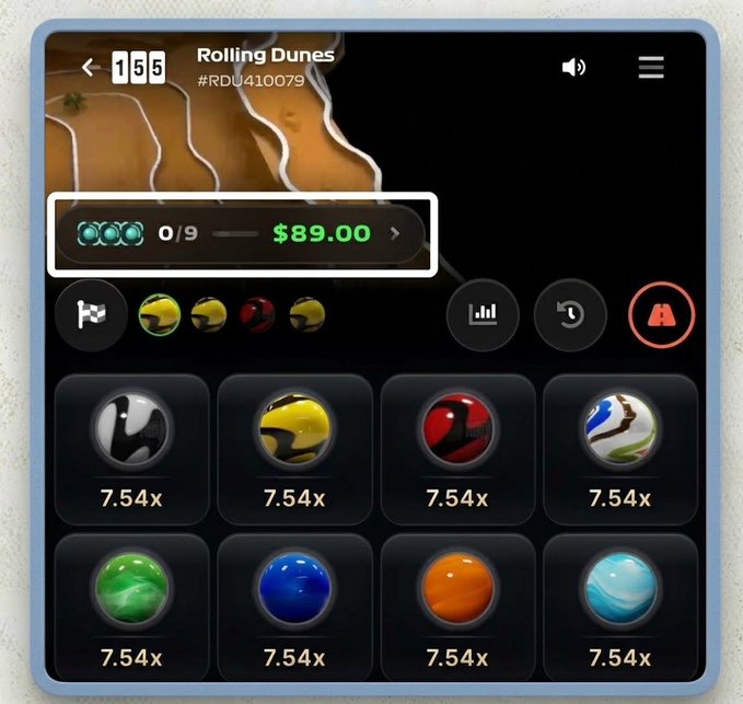 A mobile game interface showing a slot machine-style game called 'Rolling Dunes' with a $89.00 prize displayed in a highlighted bar, featuring various helmet and orb symbols with 7.54x multipliers.