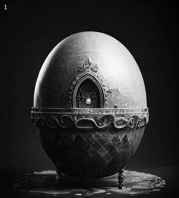 A black and white digital artwork of a large, ornate egg-shaped object featuring a gothic arched window with a small figure standing inside, resting on small legs against a dark background.