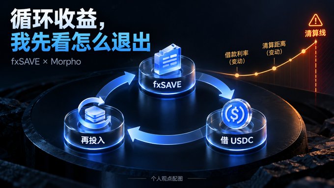 A promotional graphic for 'fxSAVE × Morpho' with Chinese text about cyclic yields, depicting an investment loop between fxSAVE, reinvestment, and borrowing USDC, with a liquidation line indicator on the right.