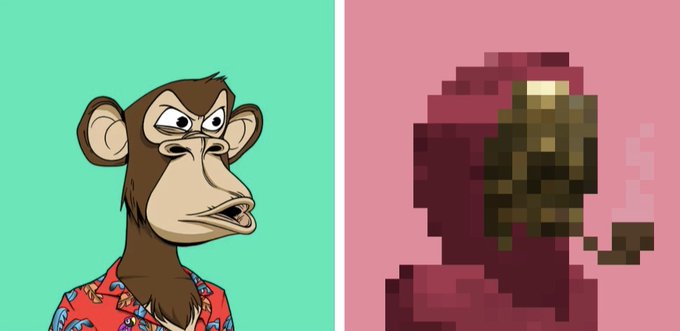 A split image with a cartoon monkey in a Hawaiian shirt on a teal background on the left, and a pixelated dark figure on a pink background on the right.