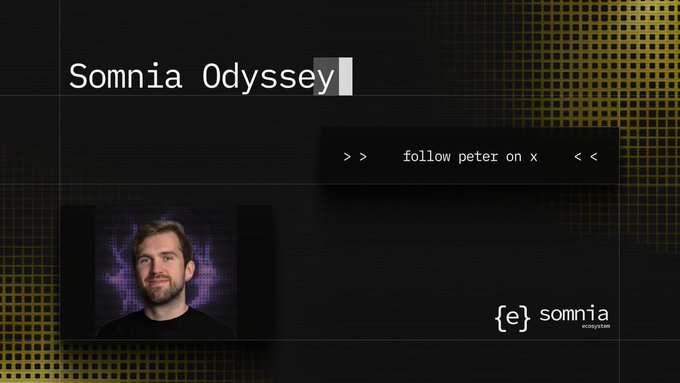 Dark themed promotional graphic featuring 'Somnia Odyssey' text, a man's portrait photo, and links to 'follow peter on x' and the Somnia ecosystem site.