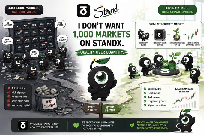 An infographic comparing 'JUST MORE MARKETS, NOT REAL VALUE' to 'FEWER MARKETS, REAL OPPORTUNITIES' on the 'Stand' platform. The text 'I DON'T WANT 1,000 MARKETS ON STANDX' is prominently displayed alongside lists of negative and positive market features like 'Thin liquidity' and 'Deep liquidity'.
