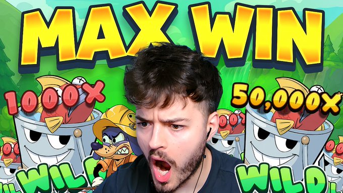 A YouTuber with a surprised expression is featured in a thumbnail promoting a "MAX WIN" video, with text highlighting "10,000X" and "50,000X" multipliers alongside cartoon characters and "WILD" labels, teasing the record-breaking slot win mentioned in the post.