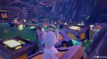 A screenshot from a fantasy video game showing a character with white hair standing in a purple-hued cavern filled with statues, glowing blue water, and ancient structures.