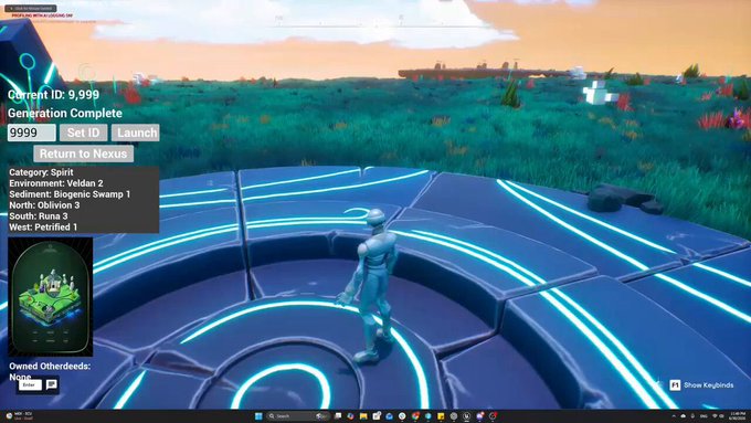 A screenshot of a virtual world or video game showing a metallic humanoid character standing on a glowing circular platform, with an interface displaying 'Current ID: 9,999' and location details like 'Veldas 2' and 'Biogenic Swamp'.
