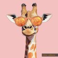 A simple digital illustration of a giraffe's head and upper neck against a solid pink background, accompanied by a small color palette swatch.