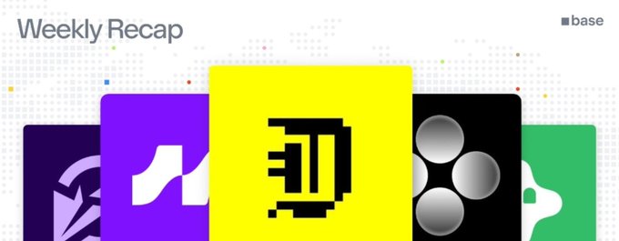 A "Weekly Recap" graphic branded with "base" logo, displaying colorful cards with various crypto logos including a yellow DAI token.