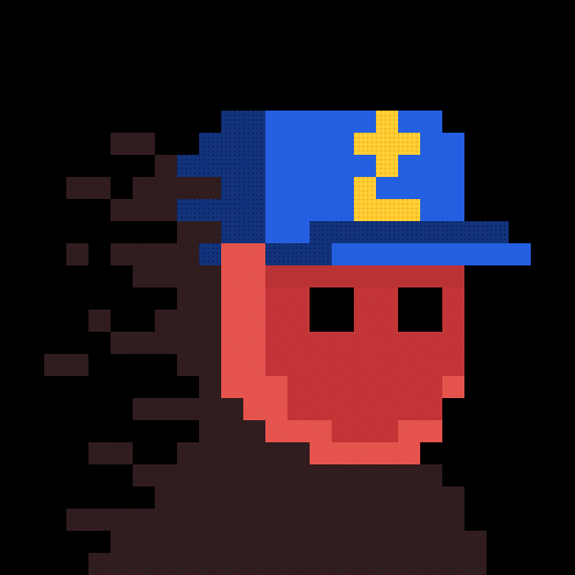 Pixel art illustration of a red character with black square eyes wearing a blue cap with a yellow symbol, featuring a brown pixelated body.