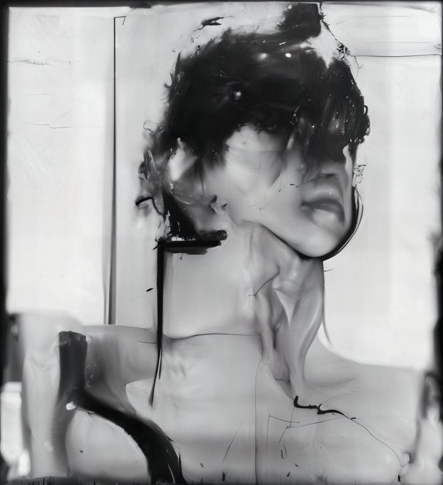 A surreal black-and-white photograph features a distorted, melting human figure with dark ink or fluid dripping from its head and torso, blending features into an amorphous shape.