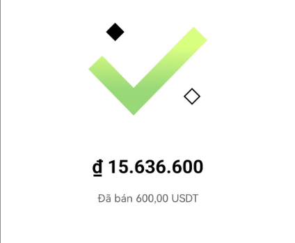 A transaction confirmation screen with a green checkmark showing ₫ 15,636,600 for a sale of 600.00 USDT.