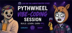 Promotional banner for a "PYTHWHEEL VIBE-CODING SESSION" livestream on "LIVE ON THE ZAPTHEFUTURE STAGE," featuring cartoon avatars and logos for Samourai and ZAP, advertising a session where attendees can build, learn, and earn $PYTH—matching the post's announcement of a vibe-coding event with Derrpaderrp and Saad_Majdaoui following a PythWheel game.