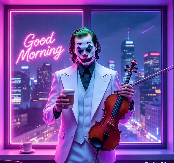 A digital artwork of a Joker-like character with green hair and clown makeup, wearing a white suit and holding a coffee cup and violin, standing before a 'Good Morning' neon sign and a nighttime cityscape.