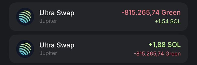 Screenshot of two Ultra Swap (Jupiter) transactions showing token swaps involving -815,265.74 Green tokens and +1.54 SOL / +1.88 SOL amounts.