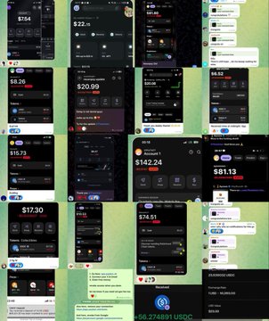 A collage of multiple cryptocurrency transaction screenshots shows successful crypto purchases on MoonPay, with prominent prices visible including "$20.99," "$142.24," "$81.13," "$74.51," and "$17.30." The image aligns with the post's celebration of community members helping each other make purchases, culminating in the "+56.274891 USDC" total displayed at the bottom.