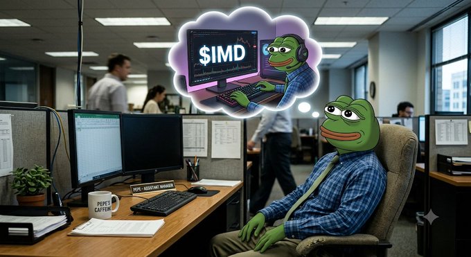 A Pepe the Frog meme depicts the character as an office manager at a desk with a thought bubble showing him playing an $IMD crypto game.