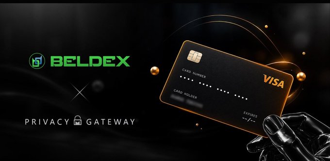 A promotional graphic featuring the 'BELDEX' logo and 'PRIVACY GATEWAY' text on the left, with a futuristic robotic hand holding a glowing Visa credit card on the right.