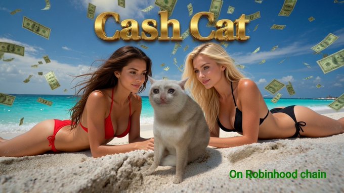 Promotional graphic featuring two women in bikinis posing on a beach with a white cat between them, gold 'Cash Cat' text overhead, falling dollar bills, and 'On Robinhood chain' in green at the bottom right.