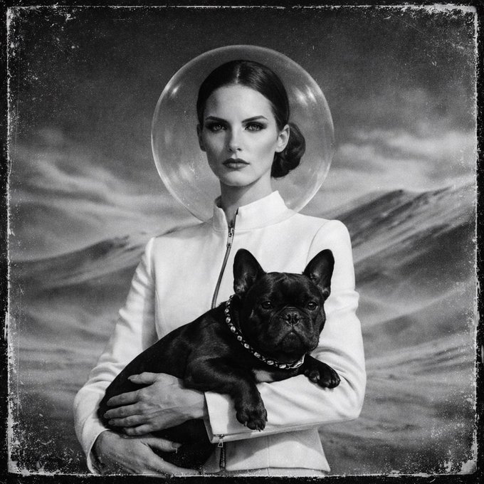 A vintage-styled black-and-white portrait of a woman in a white spacesuit-like jacket with a clear bubble helmet, holding a black French Bulldog wearing a chain collar.