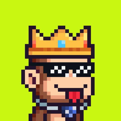 Pixel art of a character wearing a golden crown and pixelated sunglasses, with its tongue sticking out, set against a bright lime green background.