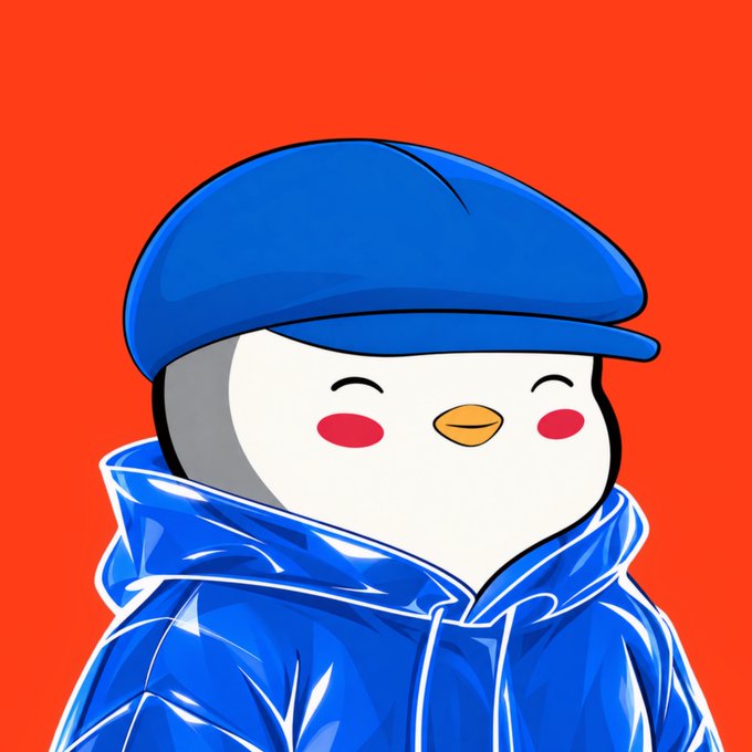 A cartoon illustration of a cute white penguin-like character wearing a shiny blue cap and matching blue hooded jacket against a vibrant orange background.
