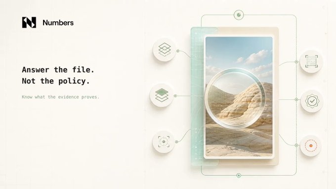 A minimalist graphic displays the "Numbers" logo alongside the tagline "Answer the file. Not the policy. Know what the evidence proves," accompanied by an illustration of a magnifying glass examining a desert landscape, surrounded by circular icons.