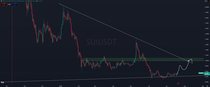A candlestick chart of SUIUSDT shows the price consolidating above horizontal support near $0.80 following a multi-month downtrend, with an arrow indicating a projected breakout back toward the $1.00 resistance zone highlighted by the upper green band.
