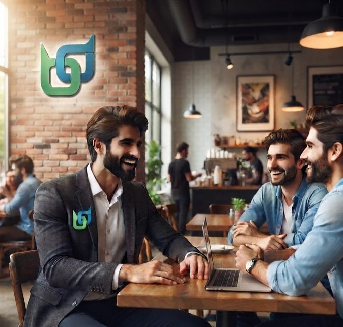 A bearded man in a gray suit laughs with two friends at a wooden table in a coffee shop, with a green logo overlaid on his lapel and a brick wall behind him.