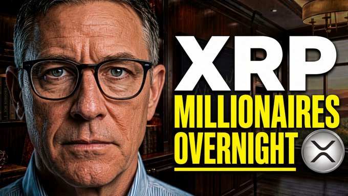 A man with glasses stares seriously at the camera next to bold text reading "XRP MILLIONAIRES OVERNIGHT" with an XRP logo, matching the post's promotion of a YouTube video about XRP's next major price test and the potential for overnight millionaire gains.