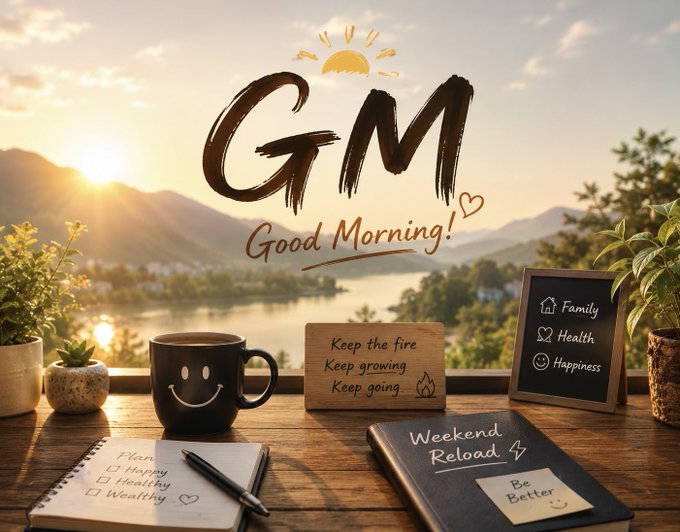 A 'GM Good Morning!' graphic featuring a wooden desk with a smiley face mug, plants, and signs reading 'Keep the fire Keep growing Keep going', 'Family, Health, Happiness', and 'Weekend Reload, Be Better' against a sunrise lake and mountain backdrop.