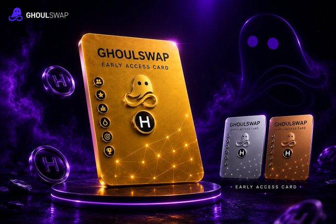 A glowing gold "GHOULSWAP EARLY ACCESS CARD" is displayed on a pedestal beside silver and bronze tier cards, set against a dark purple background featuring a ghostly mascot, with the Hedera "H" logo visible on all three cards—visually celebrating the sold-out Hedera-based NFT mint noted in the post.