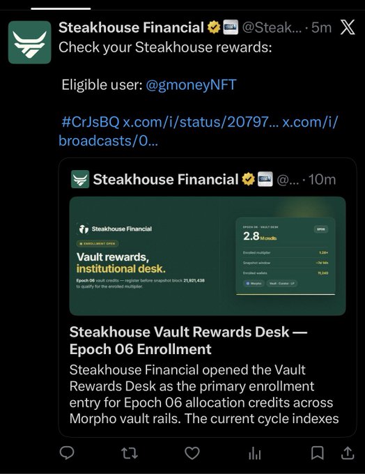 The image shows a tweet from "Steakhouse Financial" promoting vault rewards for an "Eligible user: @gmoneyNFT," featuring Epoch 06 enrollment details with 2.8 M credits and Morpho vault rails. The tweet is suspect and likely aligns with the post's warning of a potential wallet drainer scam, as unsolicited reward notifications targeting specific users are common phishing tactics in crypto.
