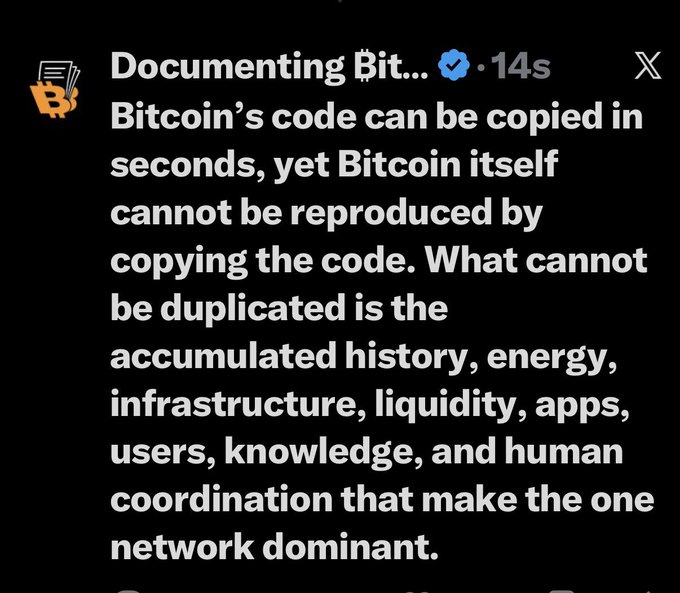 A tweet from Documenting Bitcoin explaining that Bitcoin's code can be copied but its history, energy, infrastructure, liquidity, apps, users, knowledge, and network cannot be duplicated.