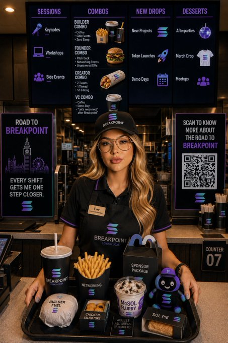 An AI-generated image depicting a fast-food counter menu for 'Breakpoint' (a Solana event), with a worker named 'Ivy' presenting a tray of themed food items including 'Builder Fuel', 'Chicken McMiniaturizations', and 'McSOL Flurry'.