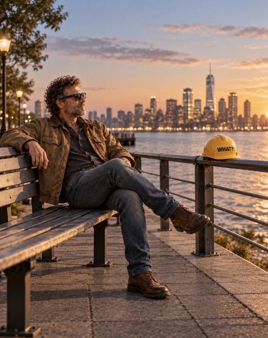 A digitally generated or heavily edited image of a man wearing sunglasses, a brown jacket, and jeans, sitting on a park bench with a yellow hard hat that says "WHAT!" resting on the railing, overlooking a city skyline at sunset.