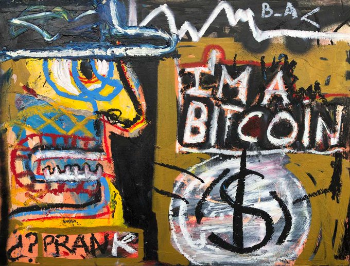A graffiti-style painting featuring abstract figures and shapes with the text 'I'M A BITCOIN' and a dollar sign, along with 'B-A-Z' in the upper right and '17 PRANK' in the lower left.